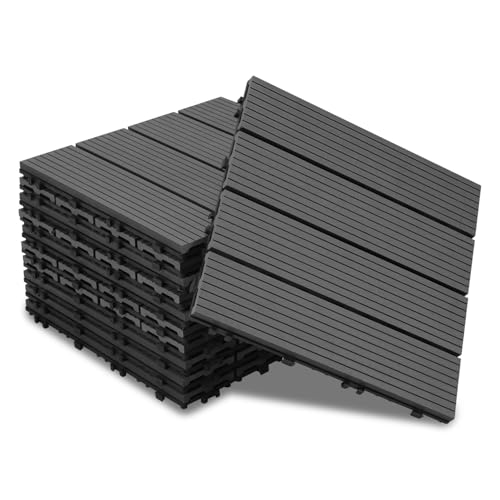 Jiubiaz WPC Terrassenfliesen Holzoptik 30x30 cm, 5m² = 55 Fliesen Klickfliesen, Balkonfliesen Bodenbelag für Balkon & Terrasse - wetterfest mit Drainagefunktion | Anthrazit