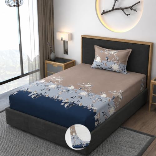Image of Vaini Premium Heavy Cotton Elastic Fitted Bedsheets with 1 King Size Pillow Covers || Single Bed with All Around Elastic 350 TC || 36 x 78 x 6 Inch Single Size Fitted || :- Blue Tricolor