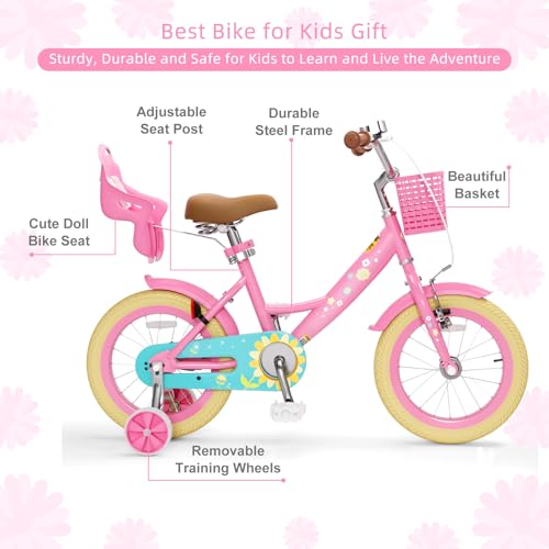 Image of Glaf Toddler Girls Bike for Age 2-9 Years 12 14 16 20 Inch Kids Bike | Girls Bicycle,Toddler Bike,Doll Seat, Basket, Adjustable Seat, Bell,