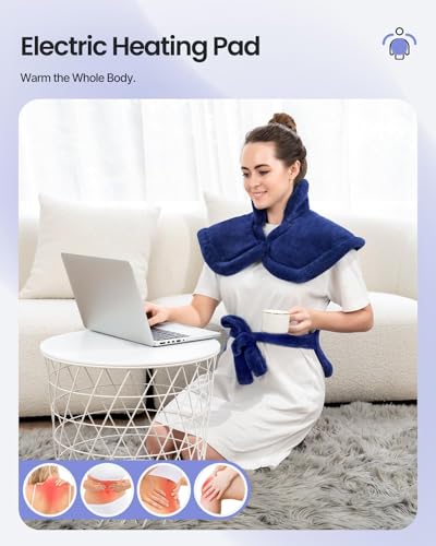 Image of RENPHO Electric Heating Pad for Back, Mothers Day Gifts & Birthday Gifts for Mom Dad Women Men, FSA Eligible & HSA Store, Neck and Shoulder Heat Pad, Fast Heating, 24 inchx33 inch, ETL Certified, Dark Blue