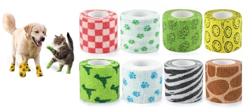 Image of Dog Bandage Cohesive Wrap for Paw & Leg | 5cm x 4.5m - Pack of 8 | Easy Tear, Fur Safe | Self Adhesive Elastic Vet Tape for Walking Protection, Wound Care & Licking Prevention Bandage Roll