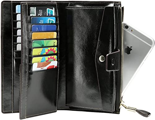 Image of Itslife Womens RFID Blocking Large Capacity Luxury Wax Genuine Leather Wallet Clutch Ladies Card Holder, Black
