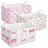 3 Pcs Pink Bow Storage Basket, Coquette Girls Rectangle Storage Bins Box with Handles, Bows and Chery Shelf...