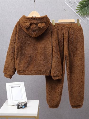 Image of BEAUDRM Boy's 2 Piece Outfits 3D Ears Design Long Sleeve Flannel Hoodie Sweatshirt and Elastic Waist Pants Set Brown 8Y