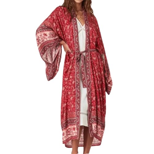 Cardigan femme vintage rouge en viscose imprimé floral pour un look bohème d'été