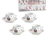 Élégant lot de 4 tasses et soucoupes en porcelaine d'auteur avec motifs de Noël et étoiles.