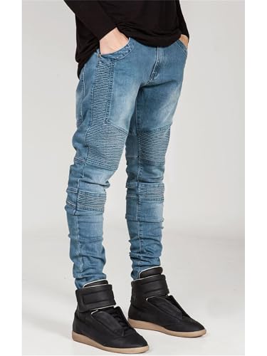 Men's Pleated Elastic Distressed Jeans with Patchwork Motorcycle Straight Leg Wear Resistant Pants3