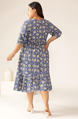 Image of Janasya Women's Plus Size Blue Pure Cotton Floral Printed Fit & Flare Dress