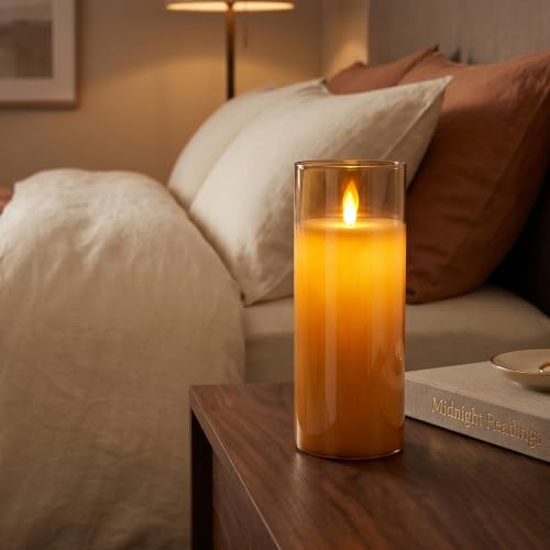 Image of LTETTES Real Wax Led Candle with Glass Cup | Flameless Flickering Wick | Amber Glass Finish | Battery Operated with Remote Controller | Decorative Candle for Home, Festival & Gifting | D-3 inch x H-8 inch