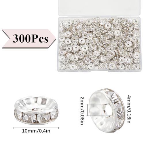 SOFPLATE 1 Box 300Pcs Brass Rhinestone Spacer Beads 10mm Crystal Bead Spacers Bulk Silver Clear Loose Charms Czech Diamond Round Metal Rondelle Spacer Beads for jewellery Making Bracelets Earrings - Image 2