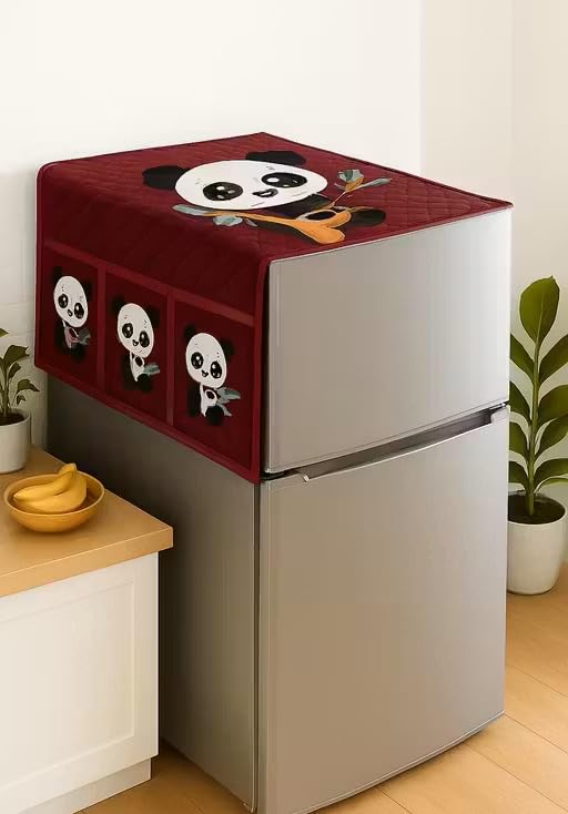 Image of STOREUP double Door or Single Door Fridge Cover | solid Print Fridge Cover With Side Pockets|Fridge Top Cover|Refrigerator Cover|Washable Cotton Material|6 Utility Pockets (BROWN PANDA)