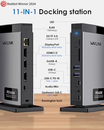 WAVLINK11-in-1 USB-Cドッキングステーション、3画面モード出力、デュアル8K HDMI + 8K DP、PD3.1 140W充電対応、5つのUSB-C/USB-Aポート、SD/TFスロット、オーディオ/マイク、RJ45イーサネット、M1/M2/M3対応 (2HDMI+1DP)