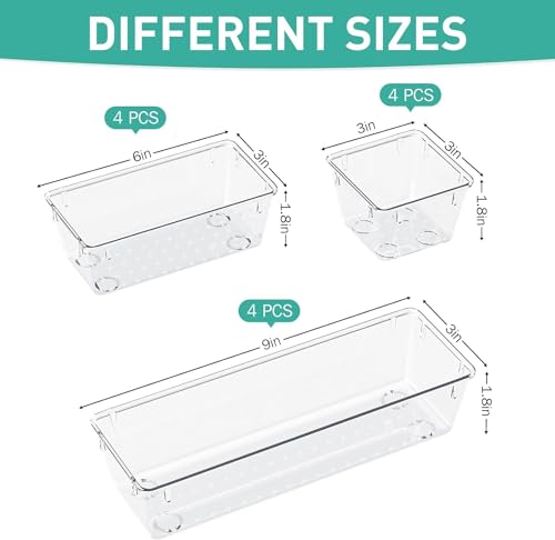Image of Clear Plastic Drawer Organizers Set, 4-Size Versatile Bathroom and Vanity Drawer Organizer Trays, Storage Bins for Makeup, Bedroom, Kitchen Gadgets Utensils and Office (12 PC SET)