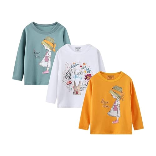 Recopilación de Camisetas de manga larga para Niña los mejores 10. 42 Camisetas de manga larga para niña, camisetas de algodón, casual, cuello redondo, con estampado de rayas, 3 paquetes, N3#whiteunicorngirl, 8 Años
