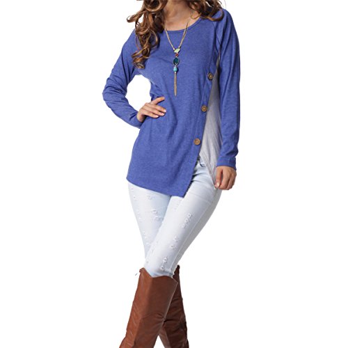 levaca Womens Raglan Long Sleeve Button Trim Waist Line Patchwork Tunic Top Shirts
