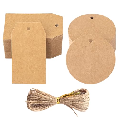 VEGCOO 200Pcs Etiquetas de Papel Kraft Marrón, Etiquetas Redondas 6cm y Rectangulares 4x7cm, Etiqueta de Boda Etiquetas de Regalo con Cordel de Yute para Regalo y Ropa