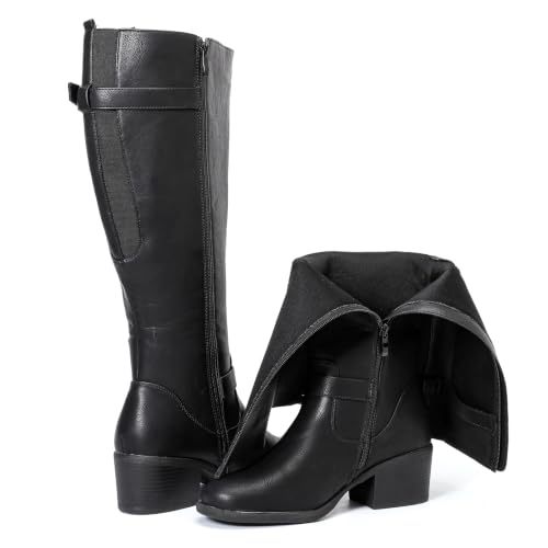 Image of Luoika Women's Extra Wide Calf Heeled Knee High Boots. | Wide Width, Winter Boots, Block Heel, Adjustable Buckle, Round toe
