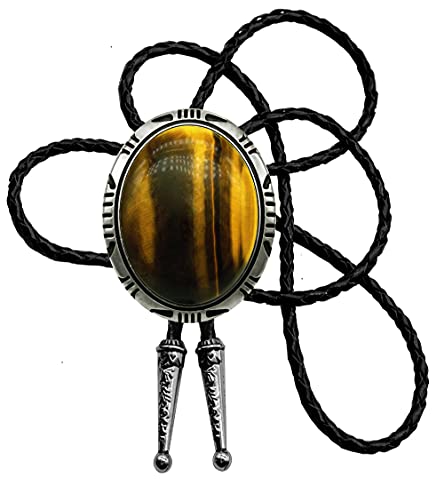 Image of Moranse Bolo Tie with Natural Tiger Eye Stone Celtic Style Genuine and Cowhide Rope