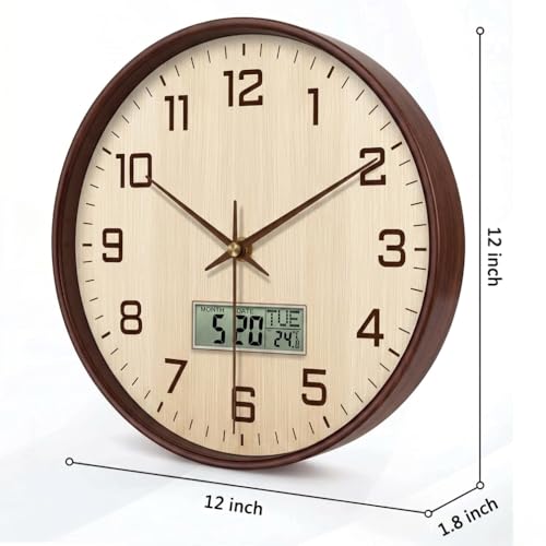 Image of ginoya brothers 12 Inch Silent Non-Ticking Silent Wall Clock, Modern Round Analog & Digital Display (Temp /Calendar) Decorative Clock, Easy to Read for Home, Living Room, Office (Cream-Brown Digital)