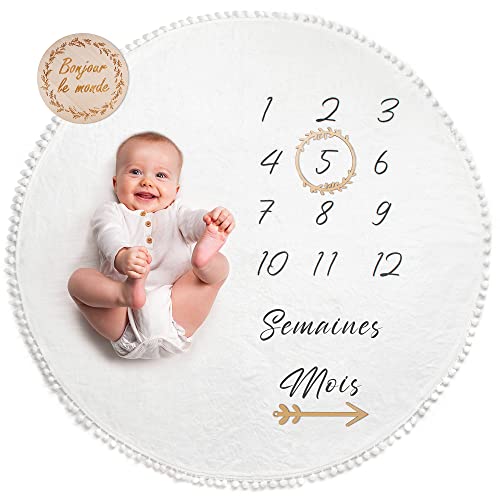 ODOXIA Couverture Etape Bébé en Français | Tapis Photo Rond Mois Garçon, Fille, Unisexe | Neutre | Cadeau Baby-Shower Personnalisé Jeunes Mamans | Tapis Photo Bebe | Cadre Bois Fourni