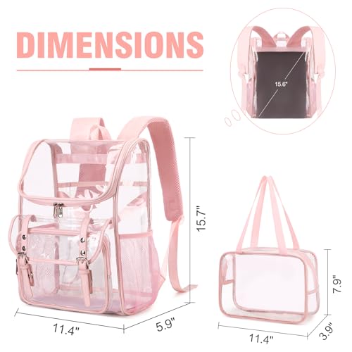 Image of DIGOBAY Clear Backpack with Lunch Bag Set, Leather Clear Backpack Heavy Duty Thick PVC Bookbag See Through Transparent Backpacks with Support Pad for Women Girls College Travel Work Pink | Thick PVC See Through Transparent Backpack for Girls Women for Stadium Events College Travel Work, Pink