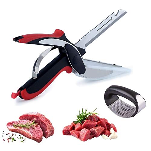 O'woda Clever Cutter 2-in-1 Knife and Cutting Board Stainless Steel Multipurpose Kitchen Scissors Food Chopper Fruit Vegetable Slicer with Garlic Press Suitable for Outdoor Picnic Barbecues, Kitchen