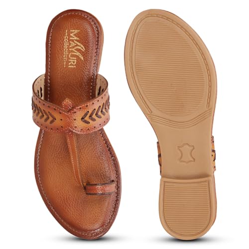 Image of Women's Kolhapuri Chappal Flats | Two-Tone Leatherette Ethnic Sandals with Toe Ring | Comfortable Handcrafted Traditional Slip-On Slippers for Ladies
