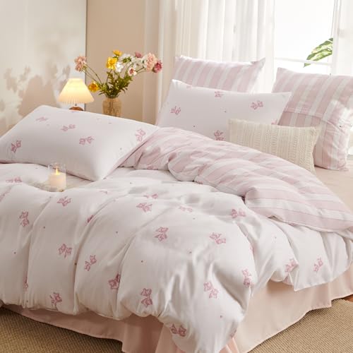 Image of Bow Duvet Cover King Size White Pink Bows Striped Reversible Bedding Set Kids Girls Bowknot Stripes Soft Breathable Microfiber Comforter Cover Set with Zipper Closure and 2 Pillowcases