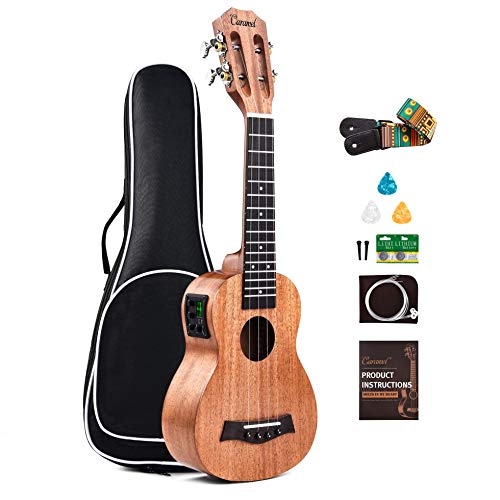 21 inch Solid Mahogany Top and Back - Caramel CS419 Soprano LCD color display Electric Ukulele ukelele Kit Bundle Aquila Strings, Padded Gig Bag, Strap Set