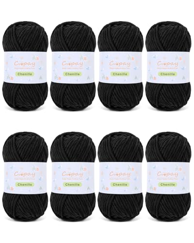 Image of Coopay Chenille Yarn for Crocheting, 8 Pack Medium Weight Yarn - CYC #4 - Total 520yd, Soft Crochet Yarns for Plush Toys, Blankets, Scarves (Black)