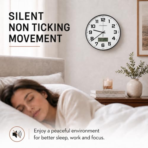Image of Cloud Space 12 inch Silent Wall Clock Battery Operated, Non Ticking Modern Wall Clock with LCD Calendar & Fahrenheit Temperature Display, Easy-to-Read Kitchen Bedroom Office Living Room Wall Clock