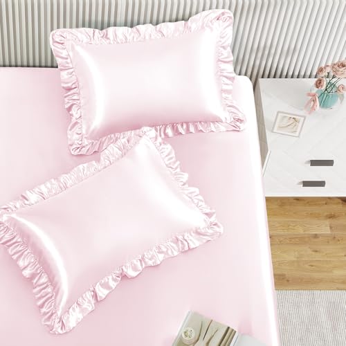 Image of Homiest Blush Pink TwinXL Ruffle Pillowcase & Satin Fitted Sheet Set 2Pcs | Silky Satin Protects Hair And Skin, 15-Inch Deep Pocket, Pearlescent Romantic Rosy Glow, Easy Machine Wash Care
