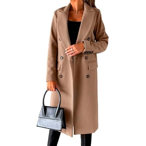 IDEALSANXUN Wool Coats for Women Fall Fashion Outfits 2024 Long Dress Ladies Double Breasted Trench Coat Warm Peacoat Jackets Winter Clothes, Khaki, M Cover
