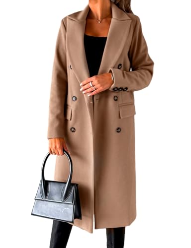 IDEALSANXUN Wool Coats for Women Fall Fashion Outfits 2026 Long Dress Ladies Double Breasted Trench Coat Warm Peacoat Jackets Winter Clothes, Khaki, M