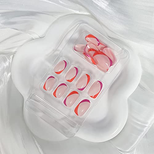 24 Pcs Almond Press On Nails Short French Tip Fake Nails Pink Acrylic Nails With Orange And Rose Reverse French Nails Tip Designs False Nails Glue On Nails For Women Nail Decoration #TOP1