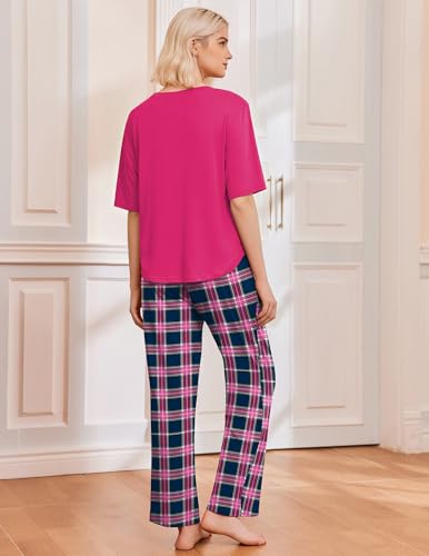 Image of Ekouaer 2 Pack Womens Pajamas Sets Short Sleeve Long Pants Pjs Lounge Set