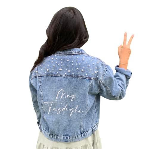 Custom Future Mrs. Bride Pearl Jean Denim Jacket for Wedding Bachelorette (M)