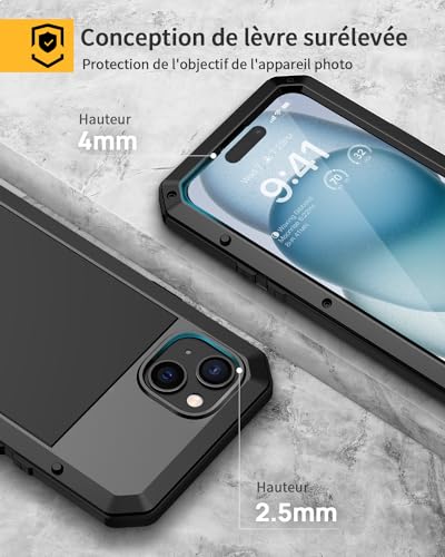 Coque iPhone 15 antichoc Lanhiem en métal rigide noir - 4