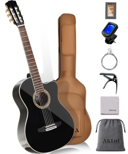 Image of AKLOT 39 inch Cutaway Classical Guitar: Spruce Top with Mahogany Back & Sides, Nylon Strings with Wound Bass Strings, Full Size Acoustic Classical Guitar Set with Bag, Tuner, Capo, Strings & Picks(BZ-OM)
