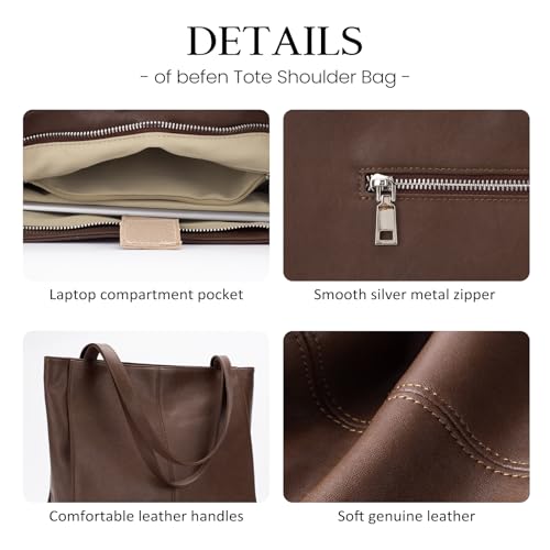 Image of befen Genuine Leather Tote Bag for Women Work Travel Leather Purse Handbags | Real Leather, Padded 14 inch Laptop Compartment, Multi-Pockets, Zipper, Tote Bag for Daily