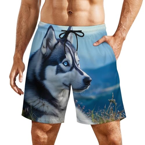 Alaskan Husky Print Mens Swim Trunks with Quick-Drying Lining Beach Shorts for Outdoor Sports