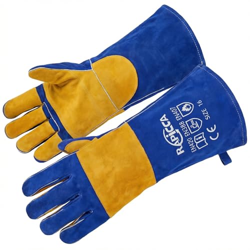 RAPICCA Welding Gloves Fire Heat Resistant: Blue 16IN 932℉ - Fireproof Leather For Stick...