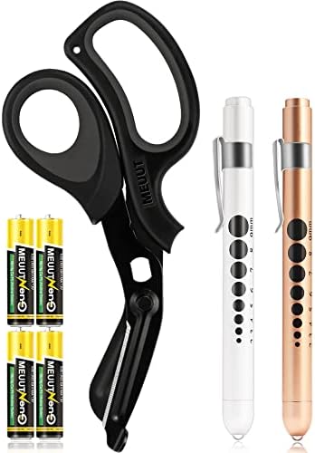MEUUT 3 Pack Medical Scissors and Penlights for Nurses Medical Supplies with Two Medical Pen lights Four Batteries, One 8 inches Ergonomical Bandage Scissors Trauma Shears for First Aid EMT