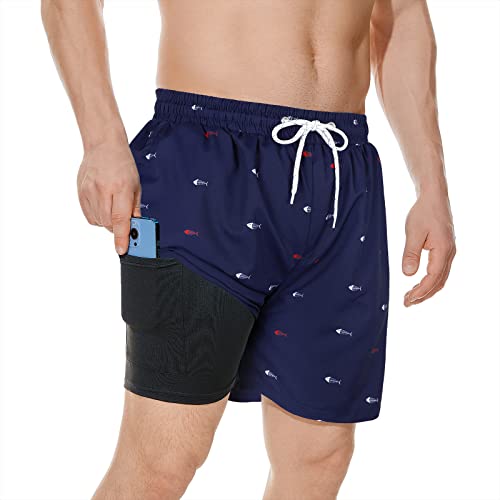 Image of American Trends Mens Swim Trunks Compression Lined Swim Shorts for Outdoor Bathing Suit Shorts, Fishbone Navy Blue, XX-Large