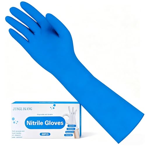 JINGLIKANG Long Sleeves Durable Disposable Nitrile White Gloves 15inches Household Cleaning Dishwashing Waterproof 30PCS (Blue L)