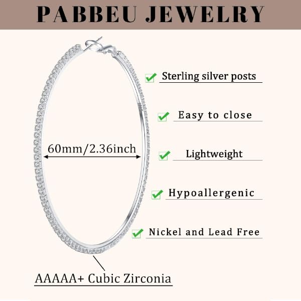 PABBEU 2mm 925 Sterling Silver Earrings Big Sterling Silver Hoop Earrings for Women Large Rhinestone Hoop Earrings Thin Hypoallergenic Cubic Zirconia Earrings for Women 30/40/50/60/70mm3