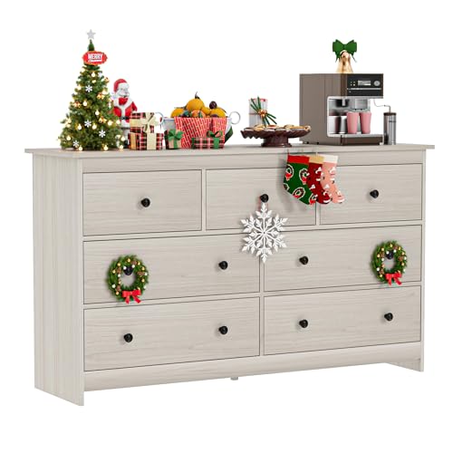 Image of JOZZBY 55" Beige Dresser for Bedroom, 7 Drawer Wooden Double Dresser with Metal Handles, Modern Storage Chest of Deep Drawers for Living Room, Hallway