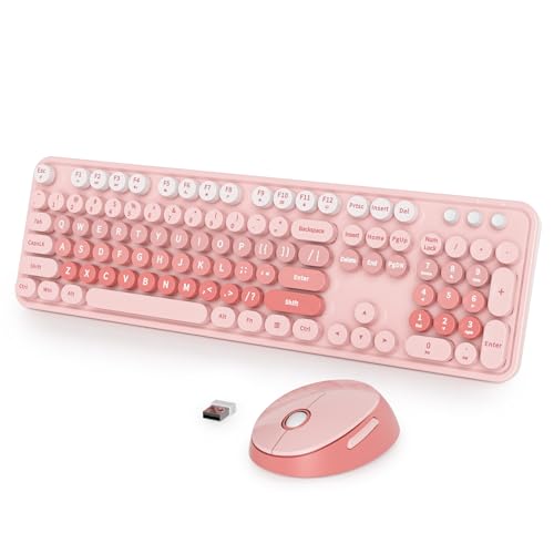 Image of Fogruaden Pink Retro Typewriter Keyboard and Mouse Wireless, 2.4GHz Office Full-Sized Colorful Computer Keyboard with Number Pad and Cute Mouse for Windows PC Desktops Laptop