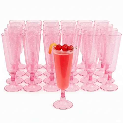 Matana - 50 Eleganti Flûte in Plastica Rosa con Glitter, 150ml - Flûte per Champagne, Calici in Plastica Rosa, Bicchieri per Spumante per Matrimoni, Addio al Nubilato - Resistenti e Riutilizzabili