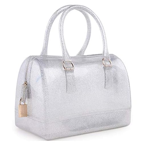 Ladies Summer Jelly Pillow-shaped Top Handle Handbag Candy Color Transparent Crystal Purse (Glitter Silver)